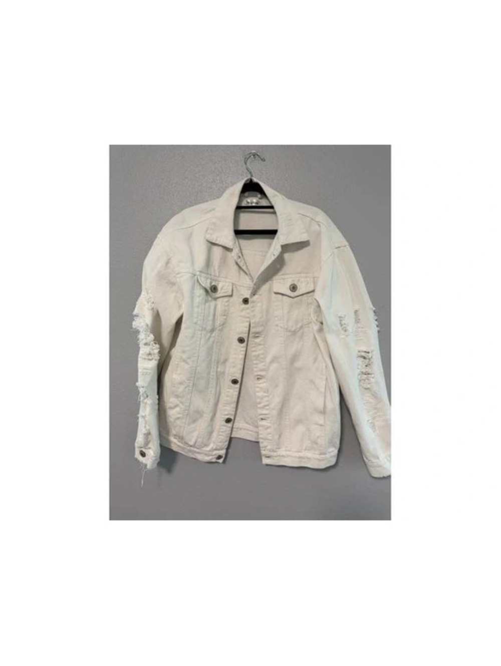 #6231  White Distressed Denim Jacket Large